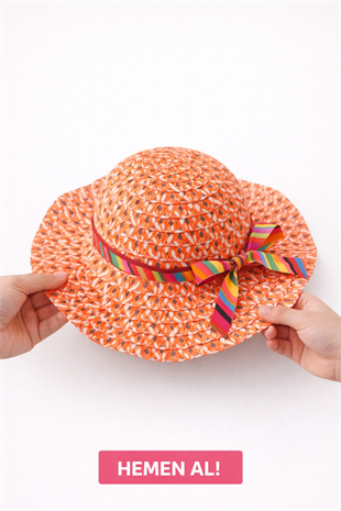 1960 - Kız Çocuk Hasır Şapka - Turuncu Renkli Kurdele Detaylı