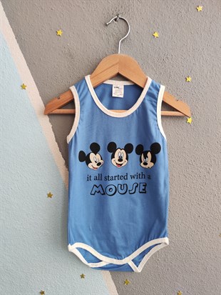 1961 - Karakter Baskıl Kolsuz Bebek Çıtçıtlı Body - Mavi