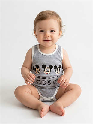 1961 - Karakter Baskıl Kolsuz Bebek Çıtçıtlı Body - Gri