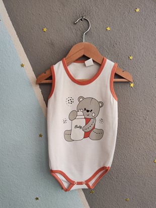 1962 - Ayıcık Baskılı Kolsuz Bebek Çıtçıtlı Body - Beyaz