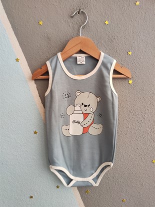 1962 - Ayıcık Baskılı Kolsuz Bebek Çıtçıtlı Body - Buz mavi