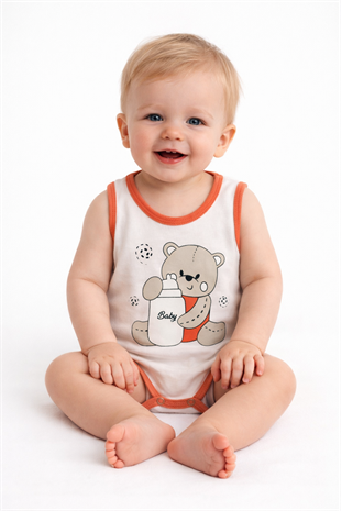 1962 - Ayıcık Baskılı Kolsuz Bebek Çıtçıtlı Body - Beyaz