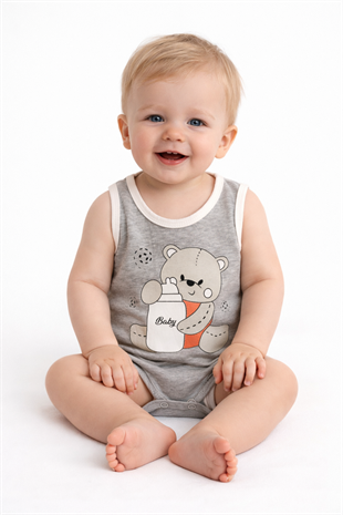 1962 - Ayıcık Baskılı Kolsuz Bebek Çıtçıtlı Body - Gri