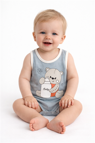 1962 - Ayıcık Baskılı Kolsuz Bebek Çıtçıtlı Body - Buz mavi