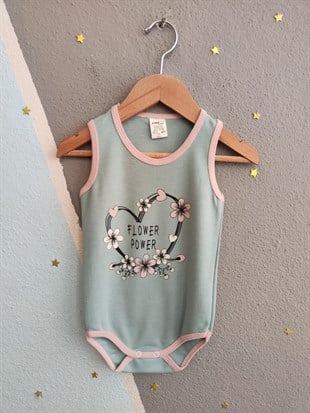 1963 - Kalp baskılı Baskılı Kolsuz Bebek Çıtçıtlı Body - Mint yeşili