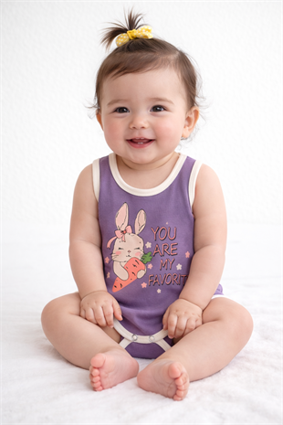 1963 - Tavşan Baskılı Kolsuz Bebek Çıtçıtlı Body - Lila