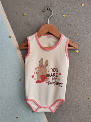 1963 - Tavşan Baskılı Kolsuz Bebek Çıtçıtlı Body - Beyaz