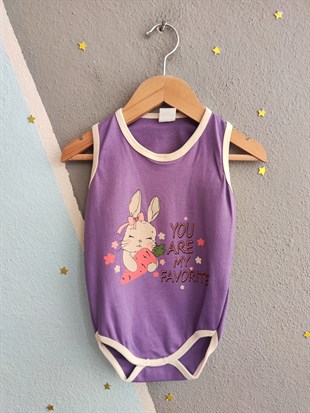 1963 - Tavşan Baskılı Kolsuz Bebek Çıtçıtlı Body - Lila
