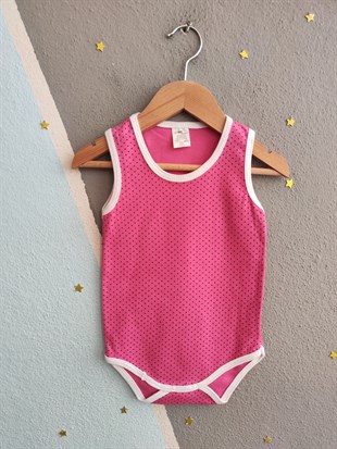 1964 - Fuşya Puantiyeli Kolsuz Bebek Çıtçıtlı Body
