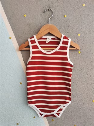 1964 - Kırmızı Çizgili Kolsuz Bebek Çıtçıtlı Body