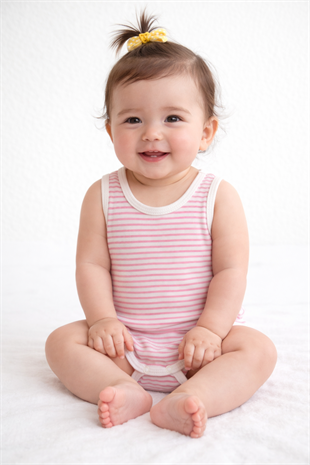 1964 - Pembe Çizgili Kolsuz Bebek Çıtçıtlı Body