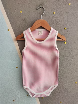 1964 - Pembe Çizgili Kolsuz Bebek Çıtçıtlı Body