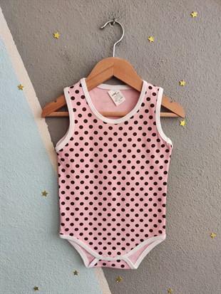 1964 - Puantiyeli Pembe Kolsuz Bebek Çıtçıtlı Body