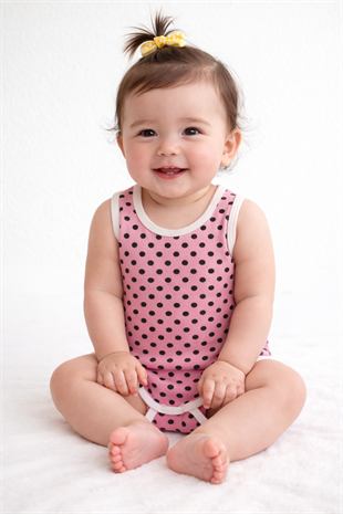 1964 - Puantiyeli Pembe Kolsuz Bebek Çıtçıtlı Body