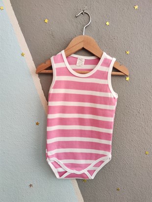 1964 - Toz Pembe Çizgili Kolsuz Bebek Çıtçıtlı Body