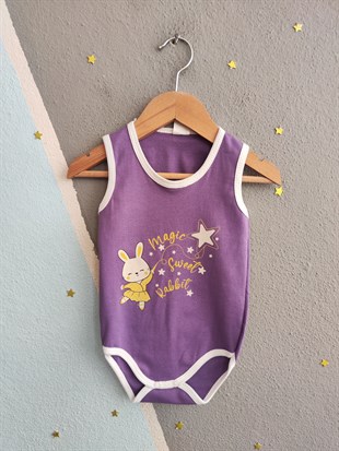 1965 - Tavşan ve Yıldız Baskılı Kolsuz Bebek Çıtçıtlı Body - Mor
