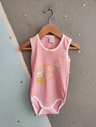 1965 - Tavşan ve Yıldız Baskılı Kolsuz Bebek Çıtçıtlı Body - Pembe