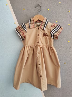 1969- Gömlek Yaka Düğmeli Kısa Kollu Kız Elbise - Bej