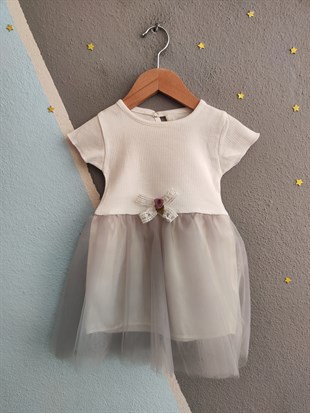 1972- Belden Çiçekli Tüllü Kız Elbise - Gri