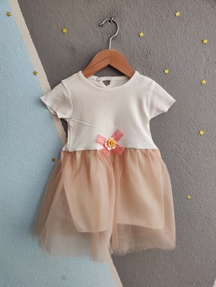 1972- Belden Çiçekli Tüllü Kız Elbise - Vizon