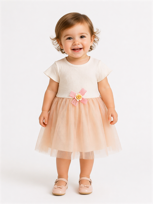 1972- Belden Çiçekli Tüllü Kız Elbise - Vizon