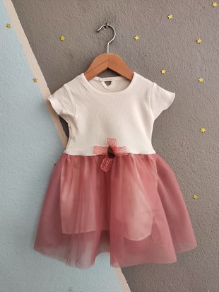 1972- Belden Çiçekli Tüllü Kız Elbise - Vişne