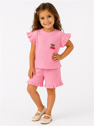 1973 - Kirazlı Şortlu Kız Çocuk Takımı - Pembe
