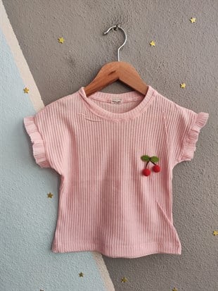 1973 - Kirazlı Şortlu Kız Çocuk Takımı - Toz Pembe