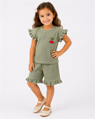 1973 - Kirazlı Şortlu Kız Çocuk Takımı - Yeşil