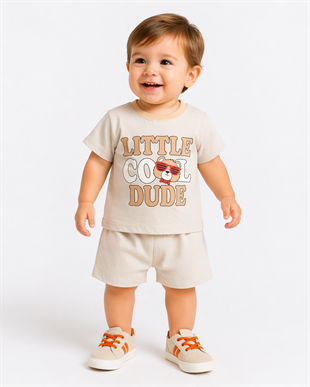 1974 - Gözlüklü Ayıcık Baskılı Erkek Bebek Takım -Gri