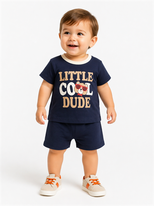 1974 - Gözlüklü Ayıcık Baskılı Erkek Bebek Takım -Lacivert