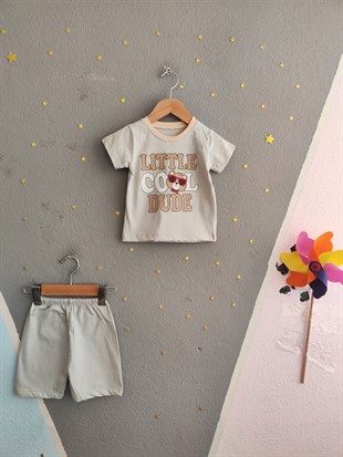 1974 - Gözlüklü Ayıcık Baskılı Erkek Bebek Takım -Gri