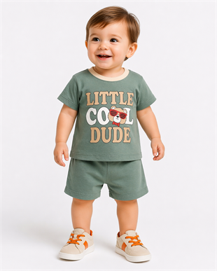 1974 - Gözlüklü Ayıcık Baskılı Erkek Bebek Takım -Yeşil