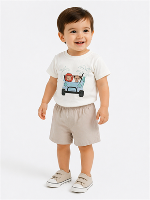 1975 - Arabalı Aslan Baskılı Erkek Bebek Takım -Gri