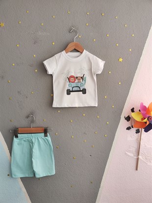 1975 - Arabalı Aslan Baskılı Erkek Bebek Takım -Yeşil