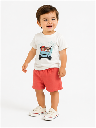 1975 - Arabalı Aslan Baskılı Erkek Bebek Takım -Turuncu