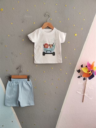 1975 - Arabalı Aslan Baskılı Erkek Bebek Takım -Mavi