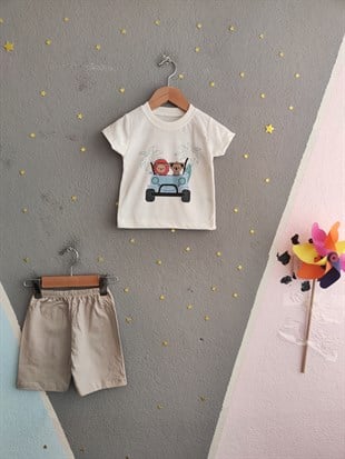 1975 - Arabalı Aslan Baskılı Erkek Bebek Takım -Bej