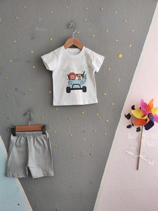 1975 - Arabalı Aslan Baskılı Erkek Bebek Takım -Gri