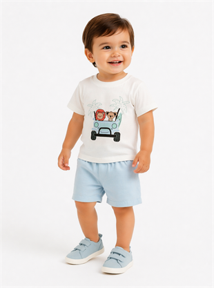 1975 - Arabalı Aslan Baskılı Erkek Bebek Takım -Mavi