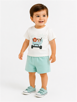 1975 - Arabalı Aslan Baskılı Erkek Bebek Takım -Yeşil