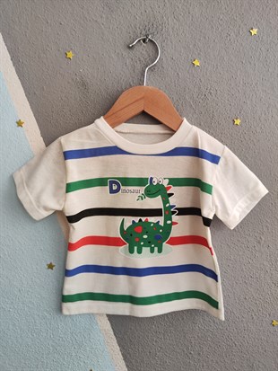 1978 - Dinozor Baskılı Çizgili Erkek Çocuk Takım - Sarı