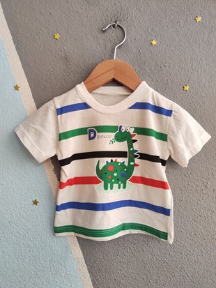 1978 - Dinozor Baskılı Çizgili Erkek Çocuk Takım - Siyah