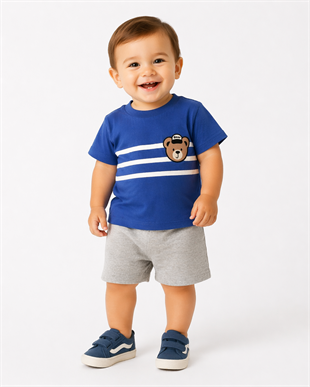 1979 -  Çizgili Ayıcık Baskılı Erkek Bebek Takım - Saks