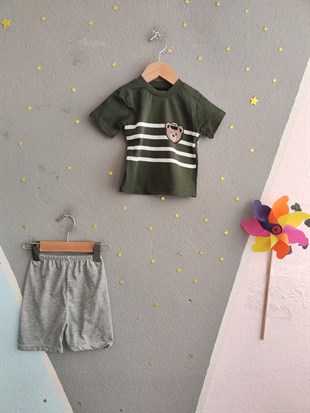 1979 -  Çizgili Ayıcık Baskılı Erkek Bebek Takım - Haki