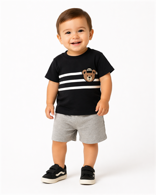 1979 -  Çizgili Ayıcık Baskılı Erkek Bebek Takım - Siyah