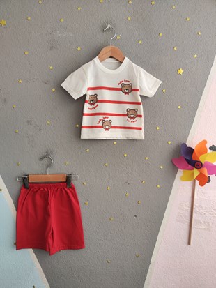 1980 -  Cool Bear Baskılı Erkek Bebek Takım - Kırmızı