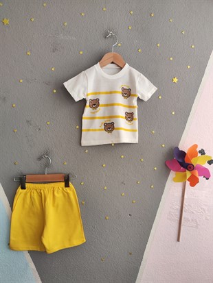 1980 -  Cool Bear Baskılı Erkek Bebek Takım - Sarı