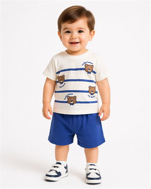 1980 -  Cool Bear Baskılı Erkek Bebek Takım - Saks