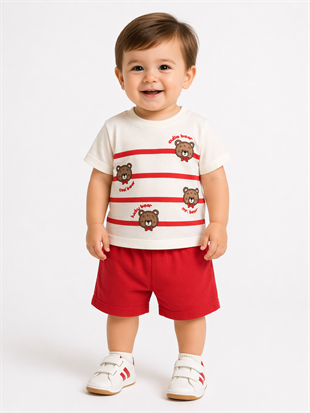 1980 -  Cool Bear Baskılı Erkek Bebek Takım - Kırmızı